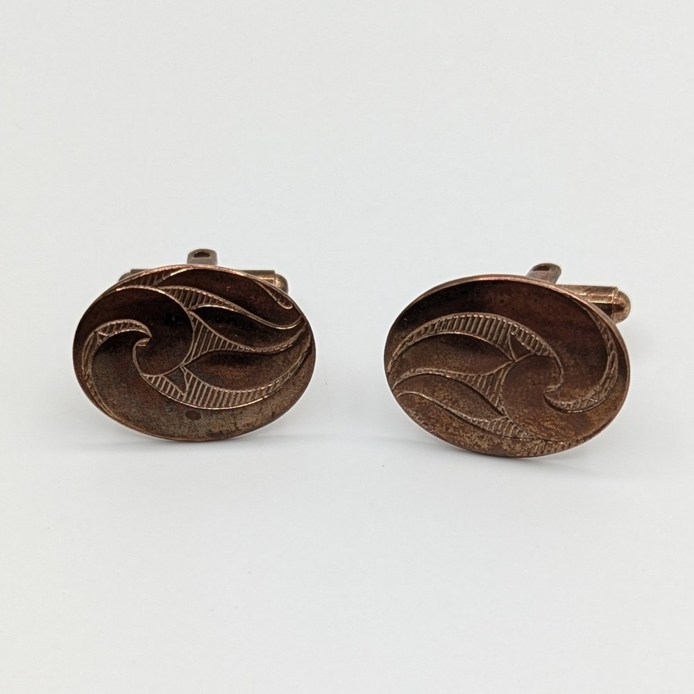 Vintage Copper Tone Oval Etched Wave Pattern Toggle Back Cufflinks Mens Jewelry
